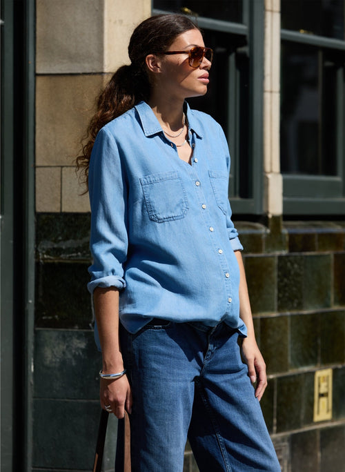 Raffa Chambray Maternity Shirt - Mid Wash Indigo - Maternity Shirts & Blouses - Isabella Oliver UK