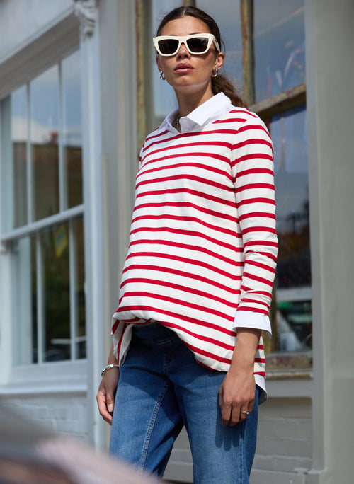 Arden Organic Cotton Maternity Top - Soft White & Crimson - Maternity Tops & Tees - Isabella Oliver UK